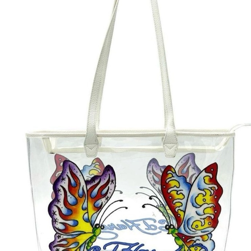 Ed Hardy Clear Tote Bag with Vibrant Butterfly Design - Picture 3 of 5